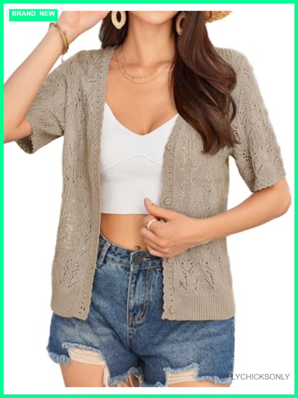 Women's Crochet Knit Short Sleeve V-Neck Cardigan Sweater